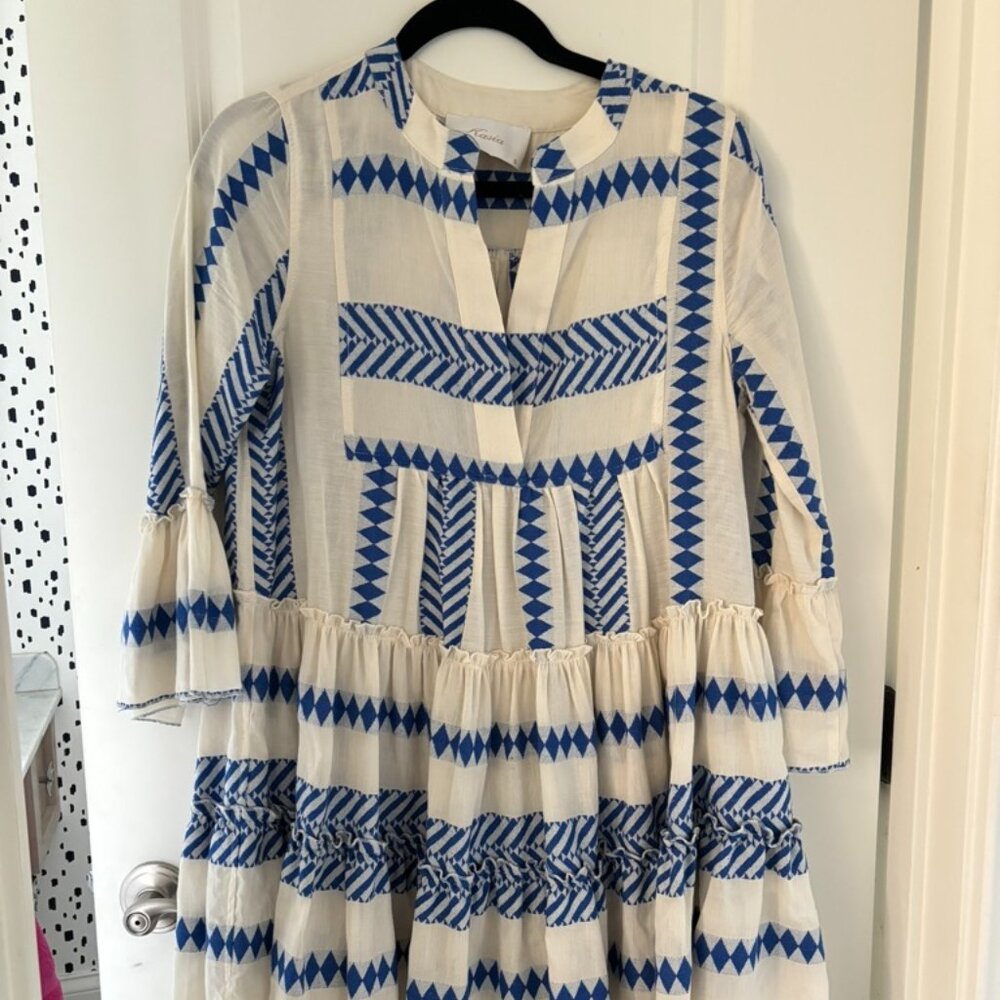 Kasia Ares Ruffle Dress Size Small.  Royal Blue and Ivory